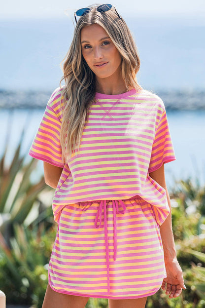 Striped Casual Short Sleeve Top and Skirt Set