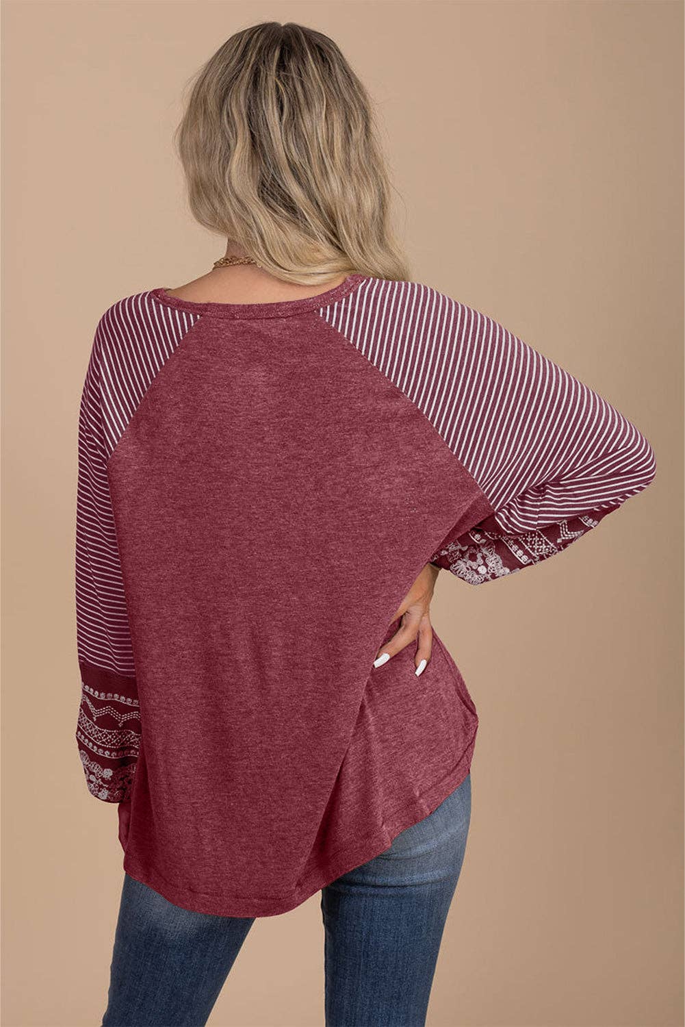 Contrast Print Striped Raglan Long Sleeve Loose Blouse
