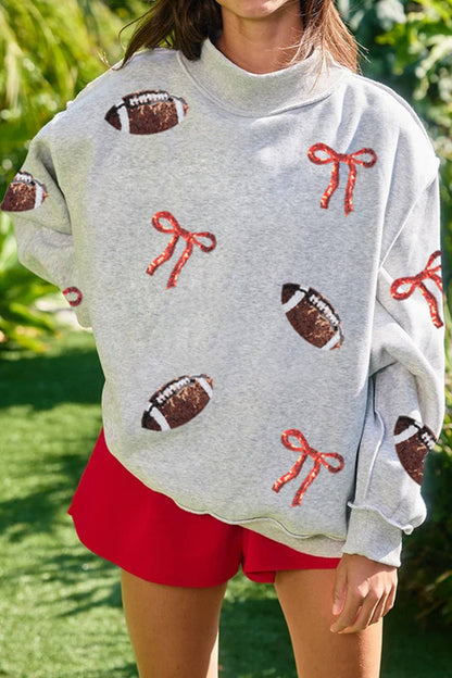 Sequin Bow Rugby Mock Neck Sweatshirt