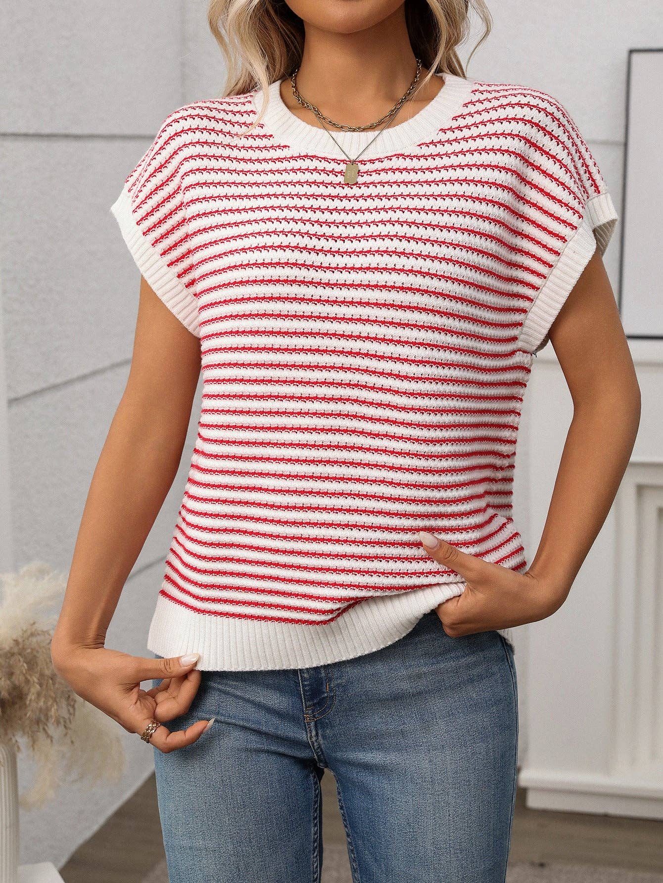 Summer Crew Neck Knit Top Casual Stripe Color Clash Sweater