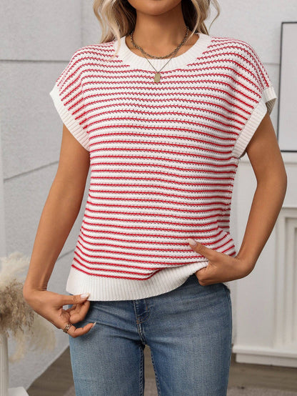 Summer Crew Neck Knit Top Casual Stripe Color Clash Sweater