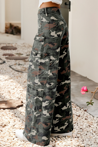 Camo Denim Cargo Wide Leg Pants