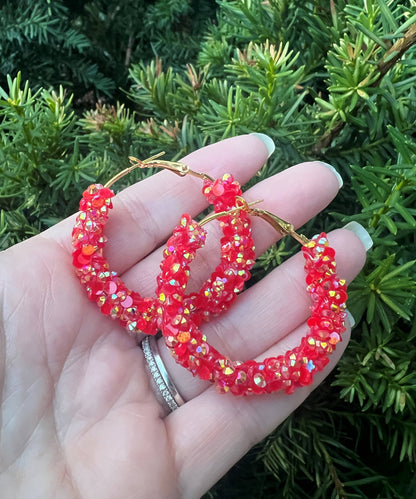 Red Gold Glitter Sequin Hoop Earrings