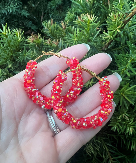 Red Gold Glitter Sequin Hoop Earrings