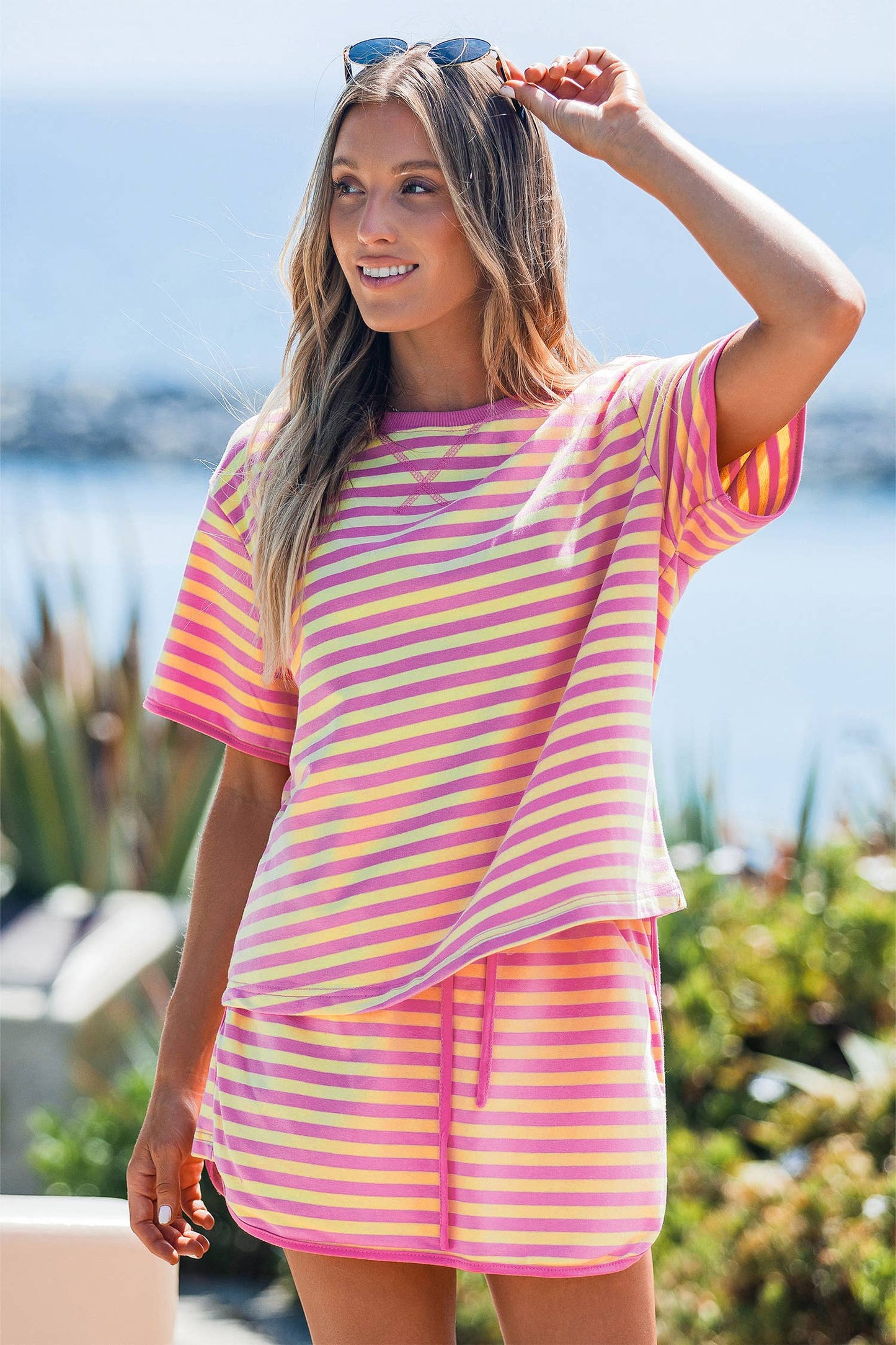Striped Casual Short Sleeve Top and Skirt Set