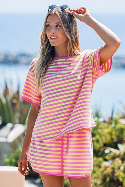 Striped Casual Short Sleeve Top and Skirt Set