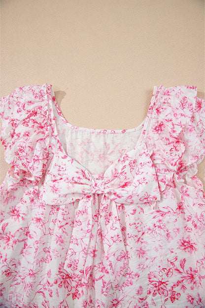 Floral Ruffled Short Sleeve Square Neck Bow Back Blouse