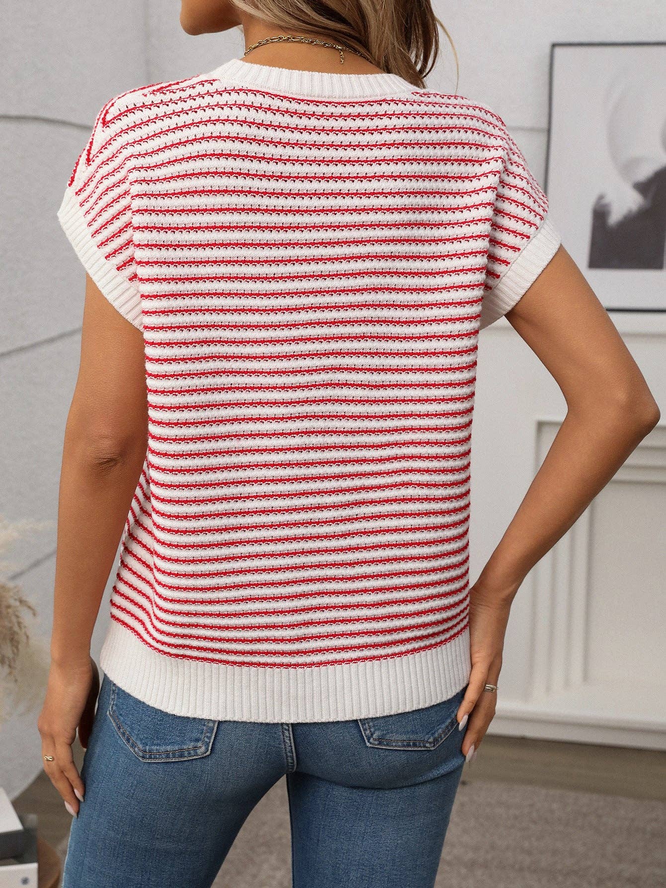 Summer Crew Neck Knit Top Casual Stripe Color Clash Sweater