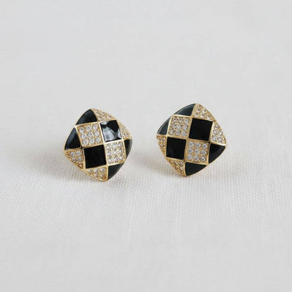 Cubic Zirconia Enamel Chessboard Stud Earrings