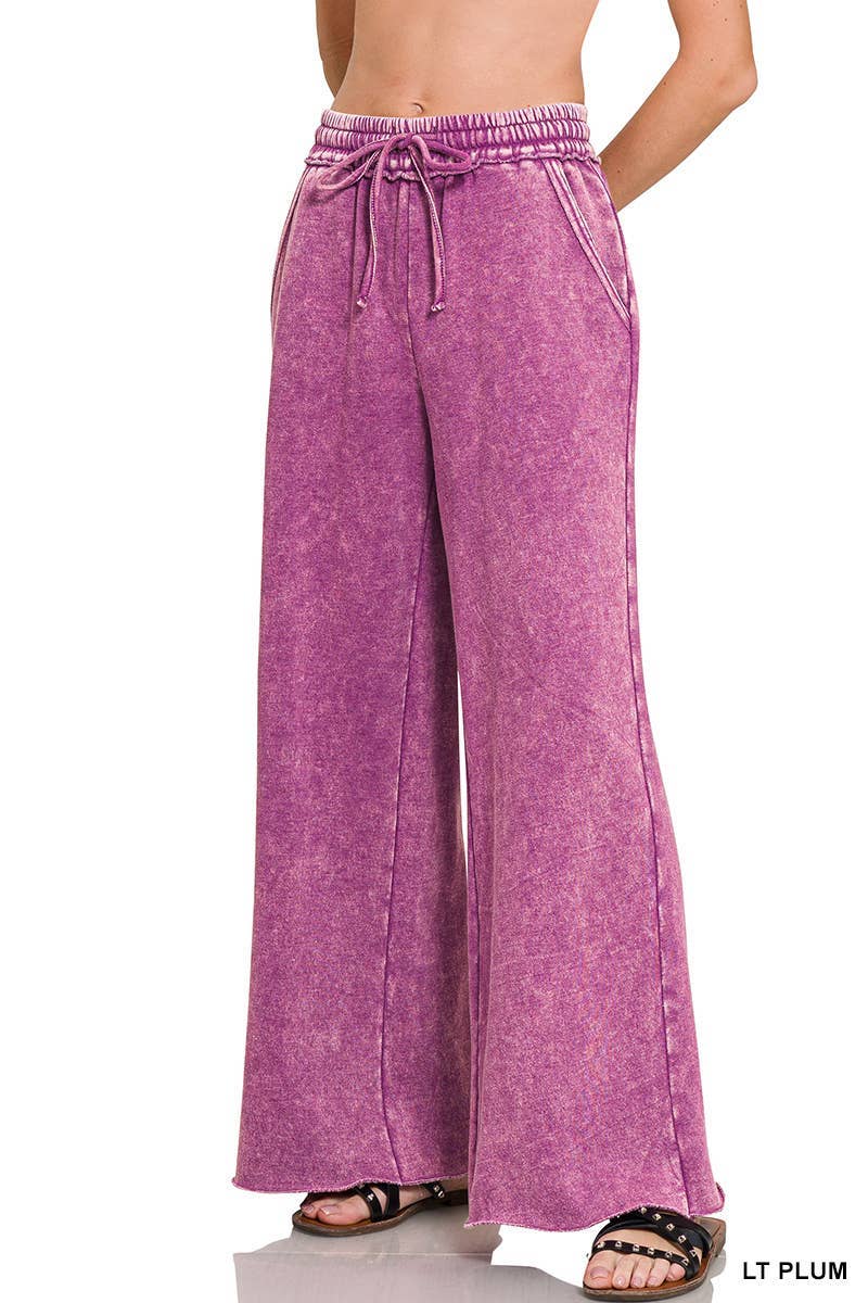 Acid Wash Fleece Palazzo Sweatpants With Pockets