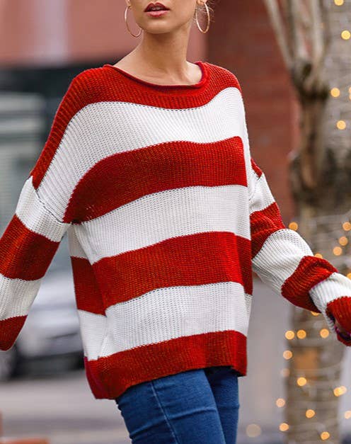 Rolled-Edged Crewneck Striped Color-Block Knit Sweater