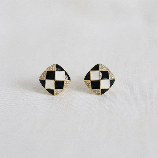 Cubic Zirconia Enamel Chessboard Stud Earrings