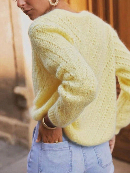 Gentle Creamy Yellow V-Neck Hollow-Knit Cardigan
