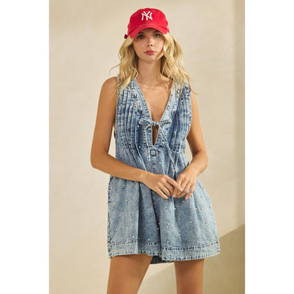 Pleated All over Pearl Denim Romper