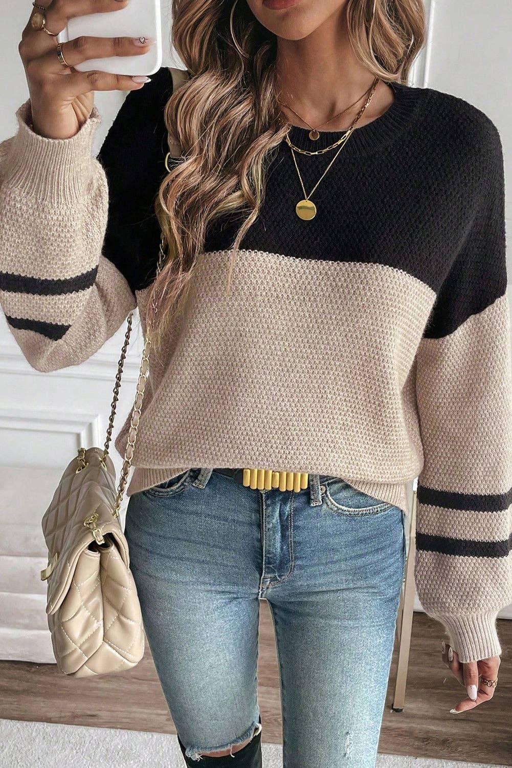 Colorblock Striped Sleeve Sweater