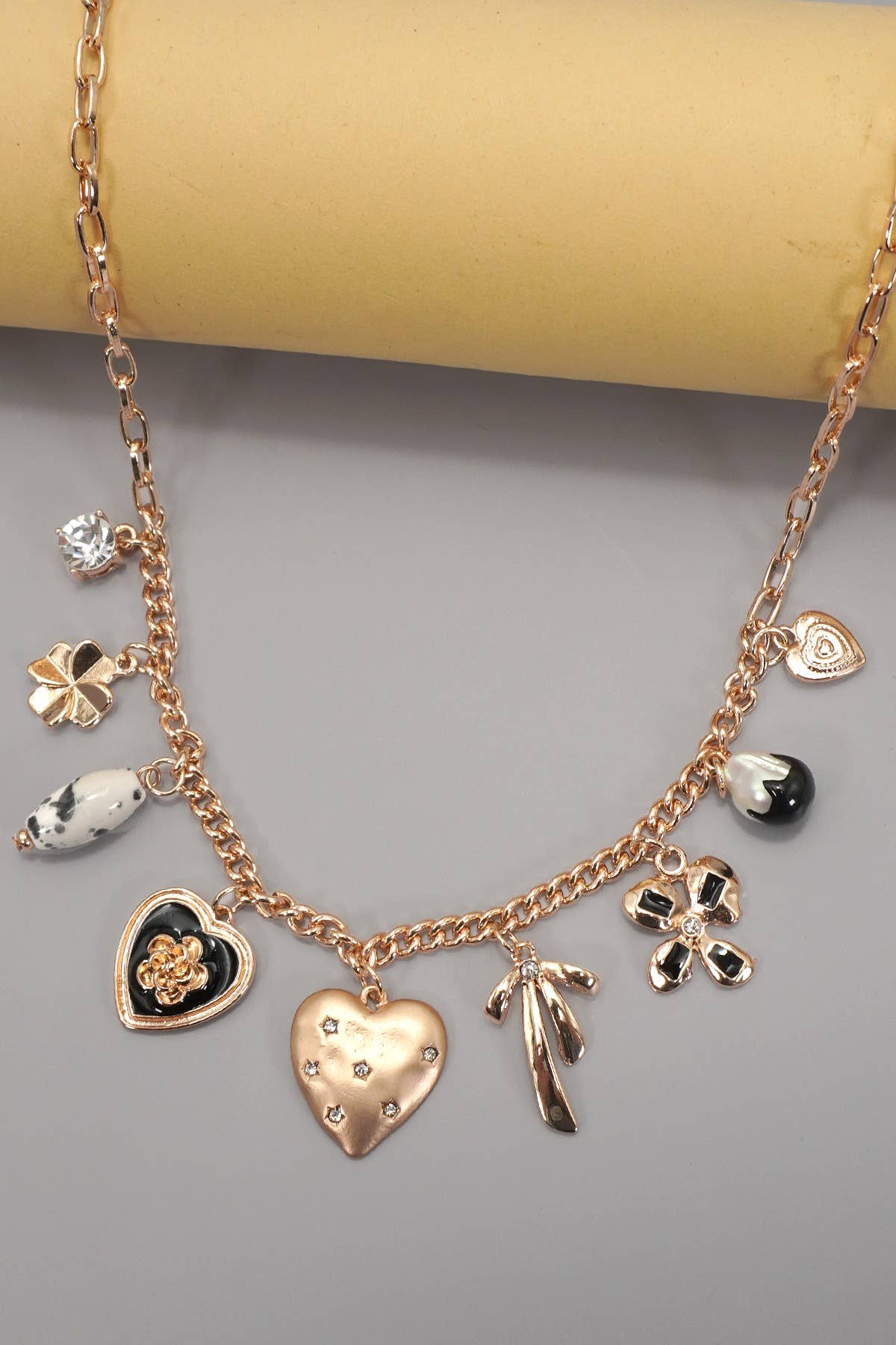 CHARM NECKLACE-HEART BOW PEARL FLOWER