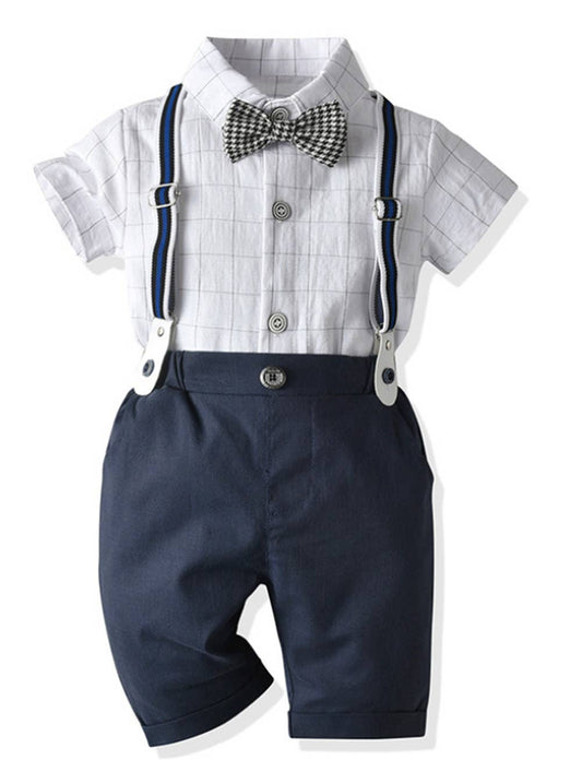 White & Navy Plaid Bowtie 3pcs Boy Outfit
