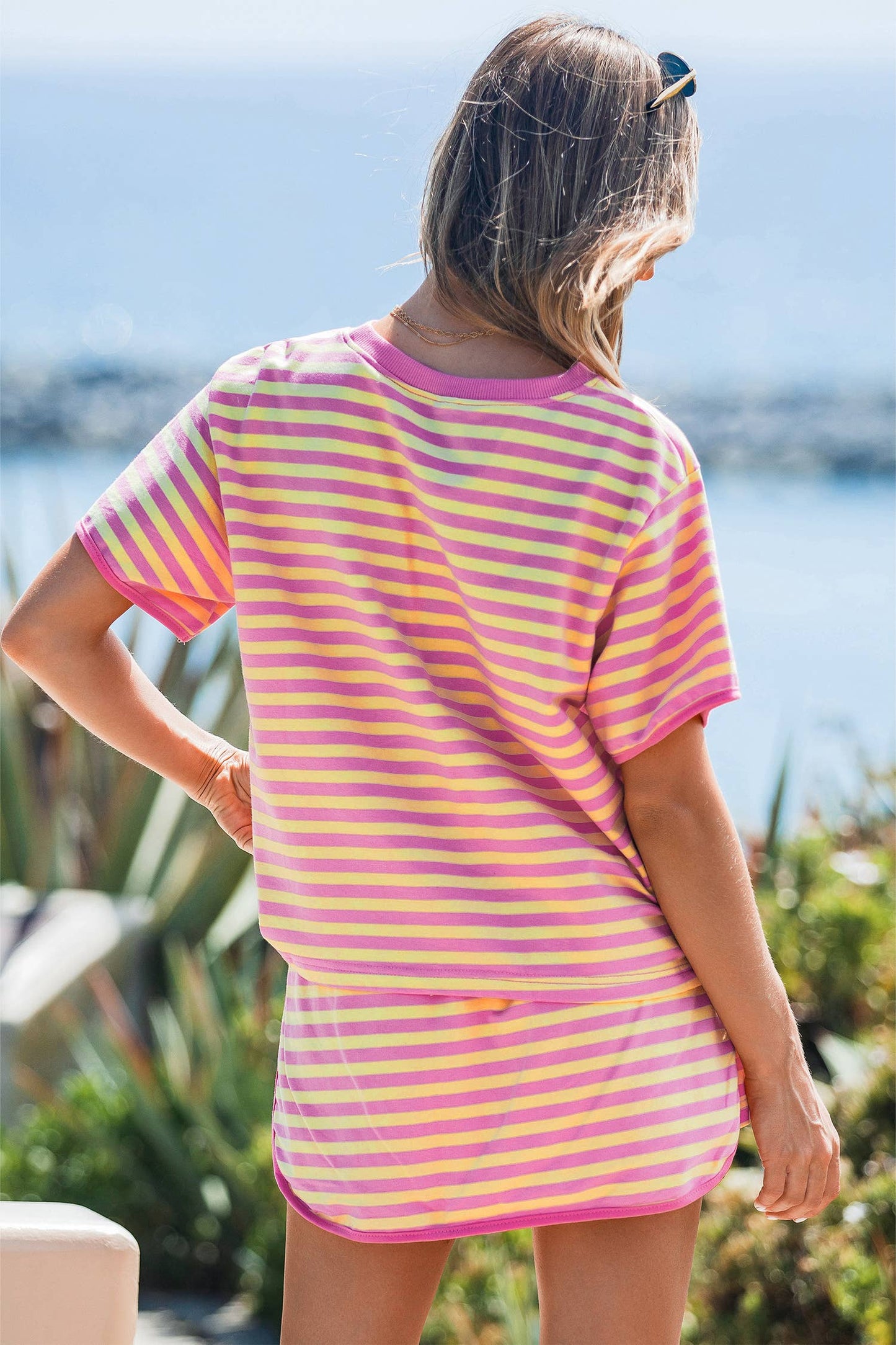 Striped Casual Short Sleeve Top and Skirt Set