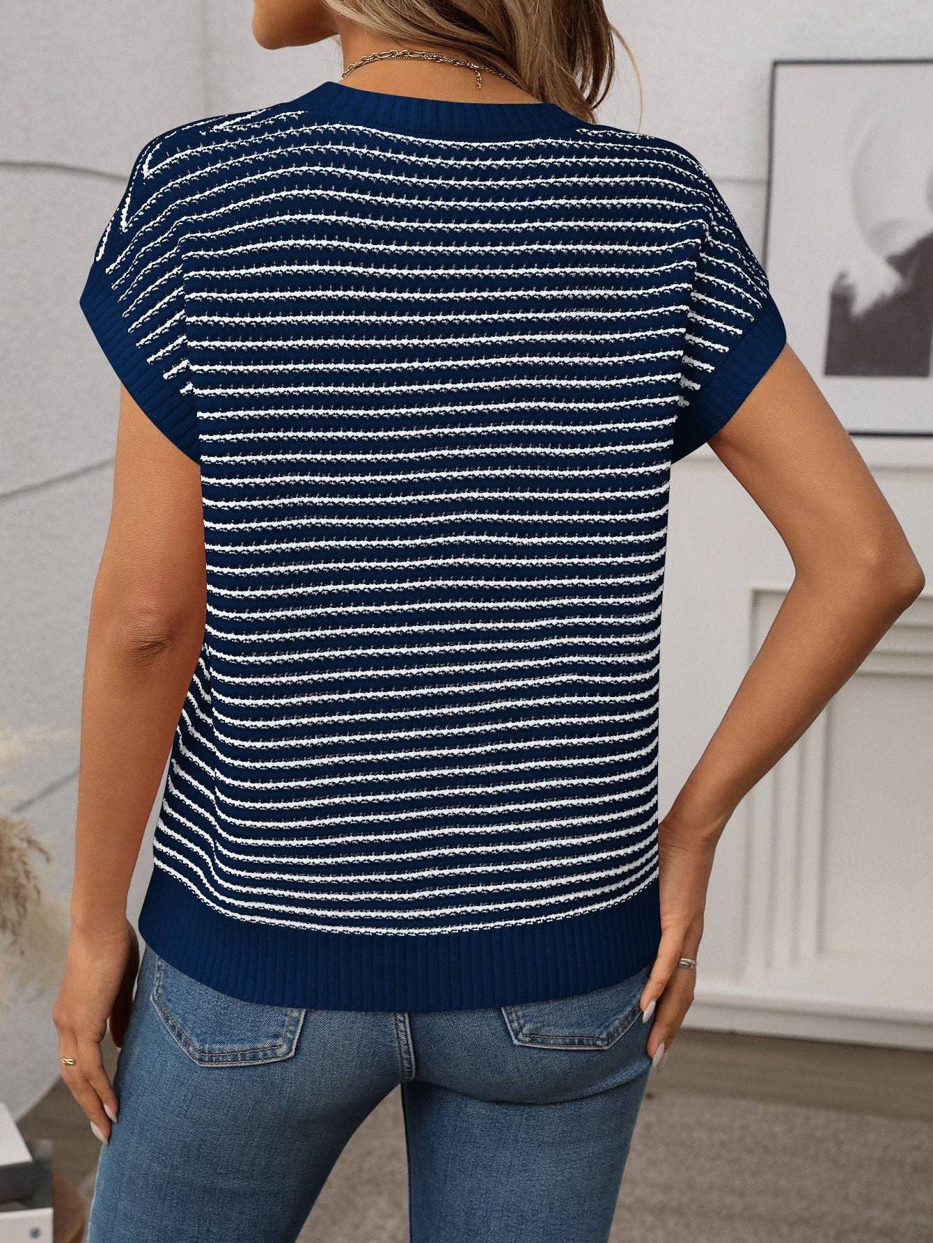 Summer Crew Neck Knit Top Casual Stripe Color Clash Sweater