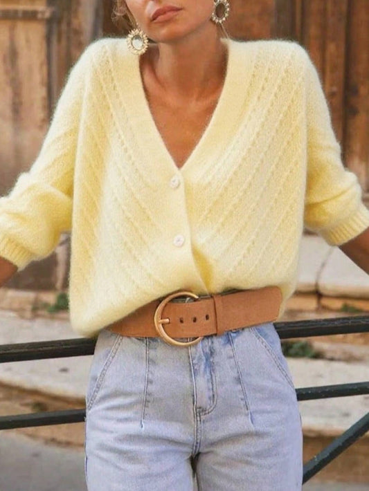 Gentle Creamy Yellow V-Neck Hollow-Knit Cardigan