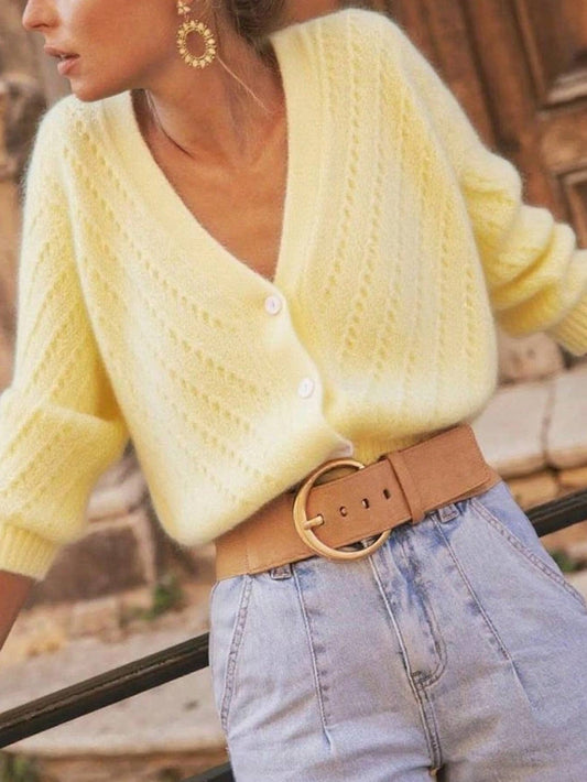 Gentle Creamy Yellow V-Neck Hollow-Knit Cardigan