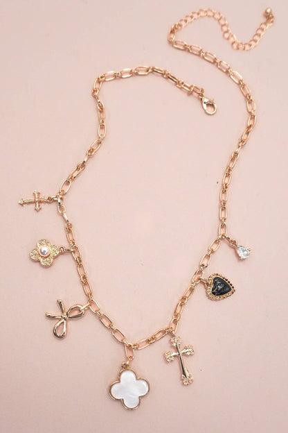 Charm Necklace – Porcelain Clover, Bow, Cross, Heart, Flower