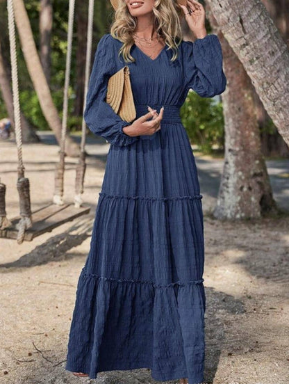 Solid textured long-sleeved maxi dress