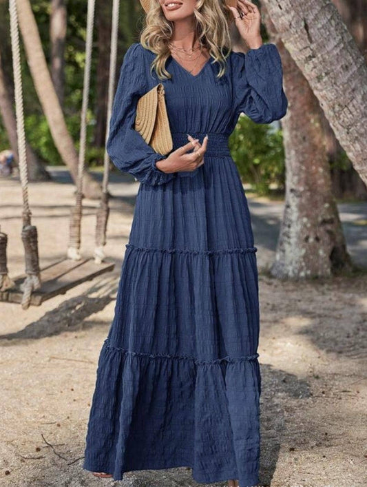 Solid textured long-sleeved maxi dress
