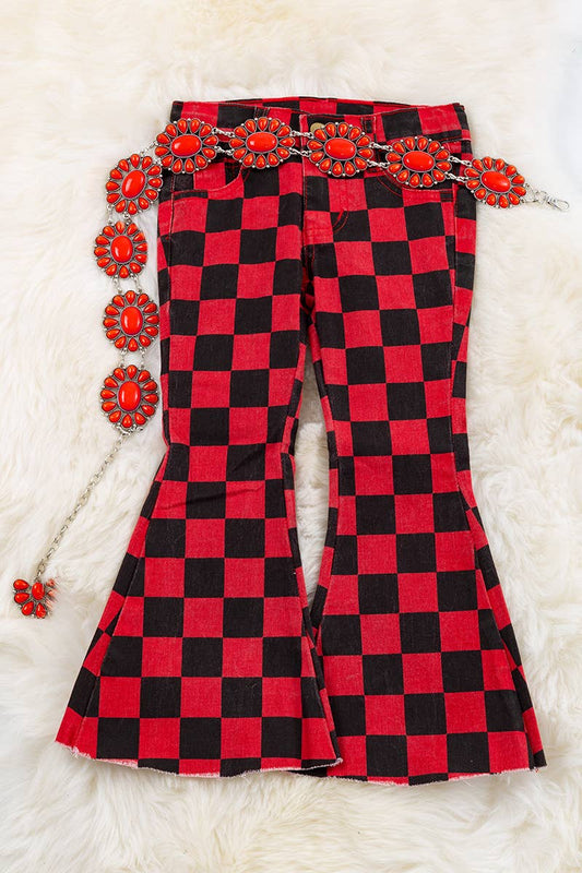 RED & BLACK CHECKER PRINTED DENIM PANTS