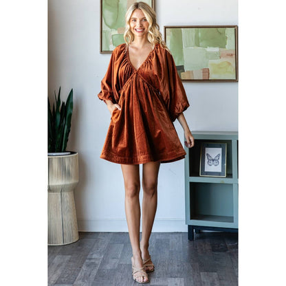 VelvetPuff Sleeve Deep V-neck Short Dress