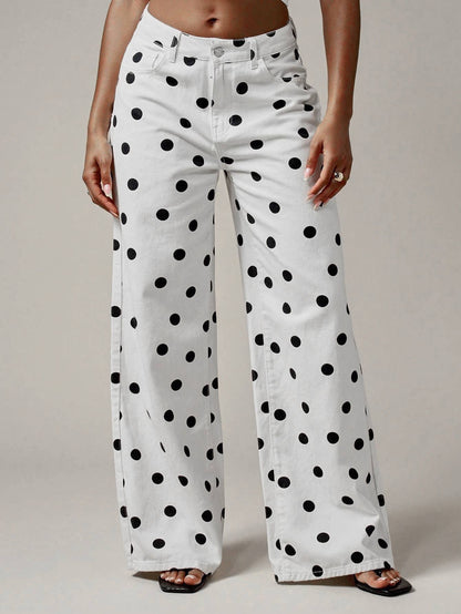 Western Polka Dot Loose-Fit Casual Mid-Rise Jeans