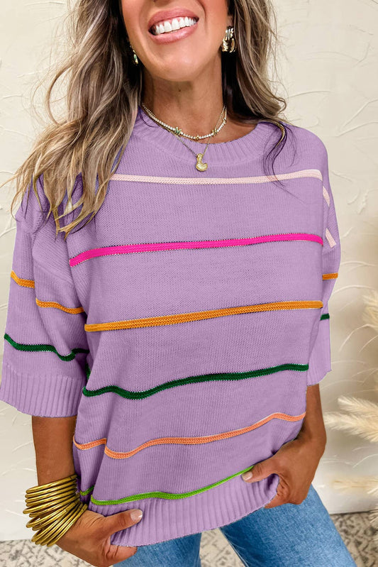 Striped Half Sleeve Drop Shoulder Sweater