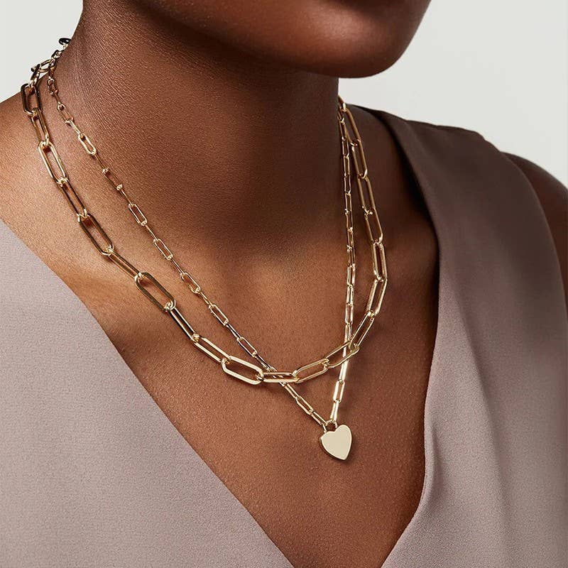 18K Stainless Steel Waterproof Tarnish-Free Multi-Layer Heart Charm Necklace