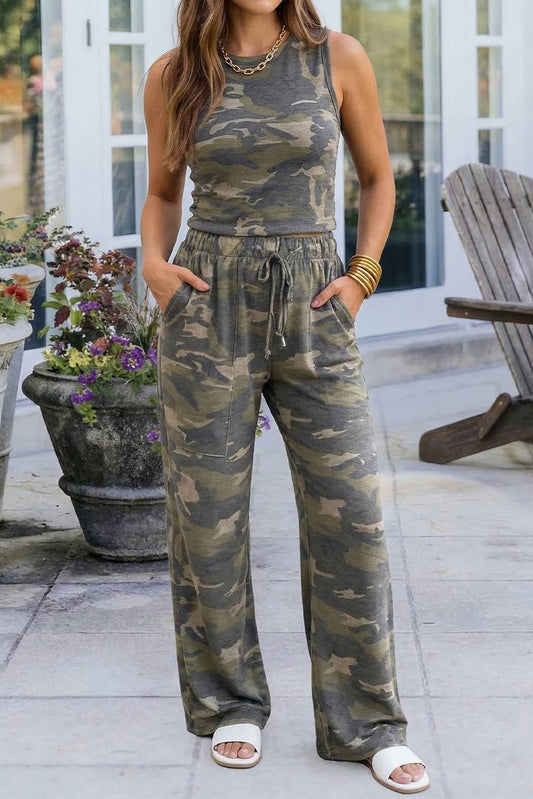 Camouflage Print Slim Tank Drawstring Pant Set