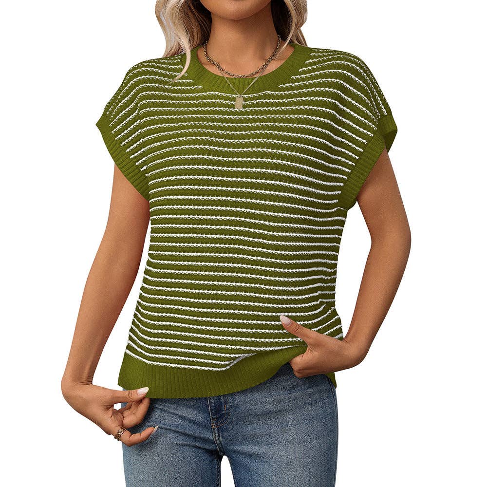 Summer Crew Neck Knit Top Casual Stripe Color Clash Sweater