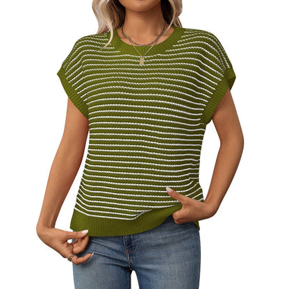 Summer Crew Neck Knit Top Casual Stripe Color Clash Sweater