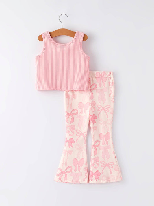 Pink Girls Top Bow Floral Print Bell Bottom Pants Set