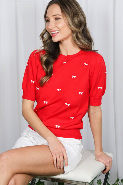 Bow Embroidered Crew Neck Knitted Sweater VT82686-