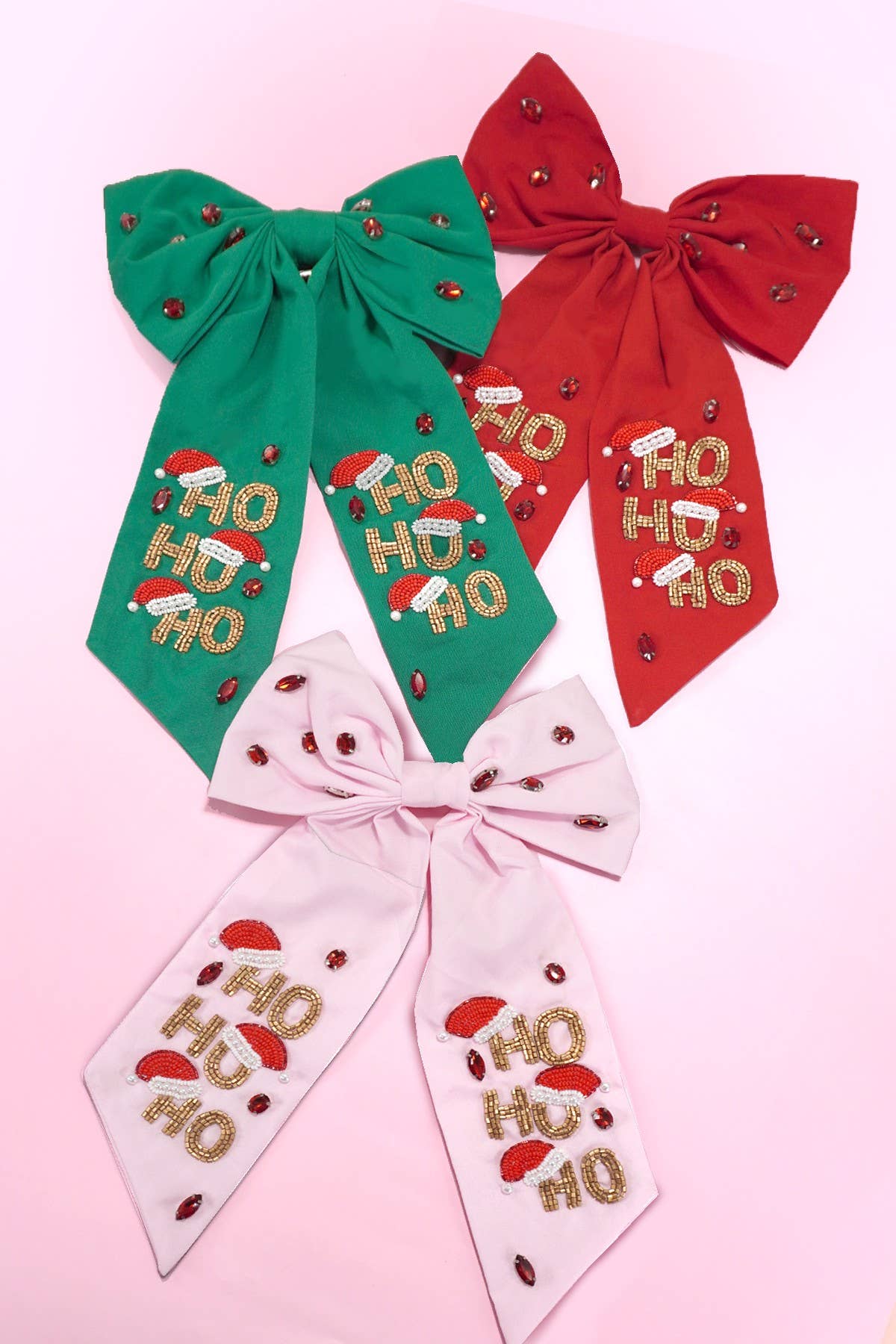 CHRISTMAS HO HO HO BOW SEED BEAD HAIR CLIPS