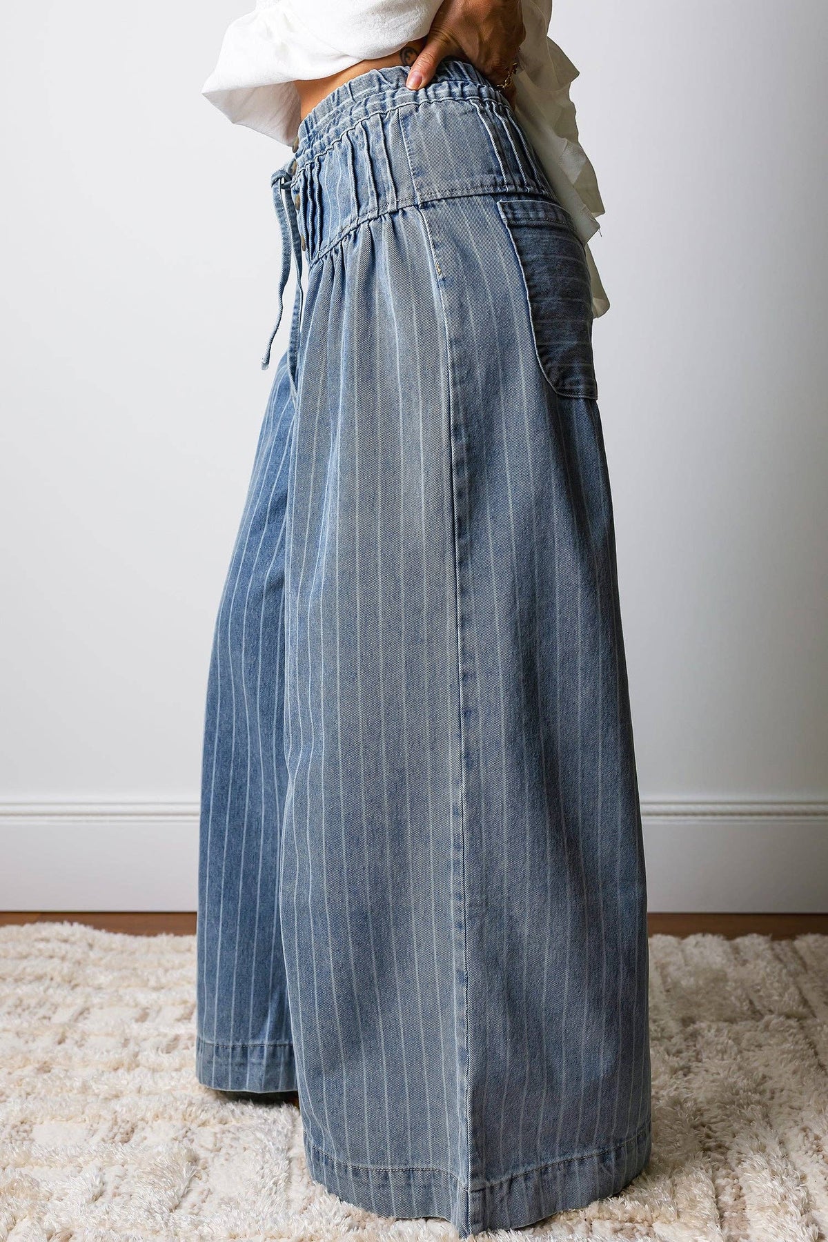 Sky Blue Striped Wide Leg Drawstring Jeans