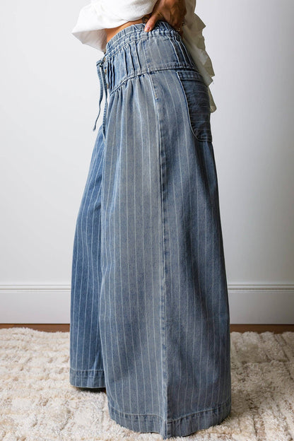 Sky Blue Striped Wide Leg Drawstring Jeans