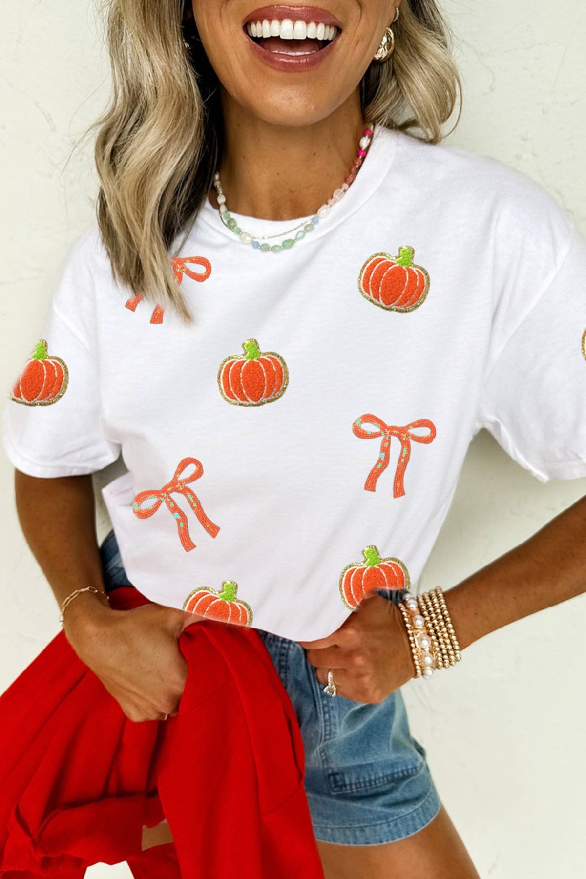 Sequin Pumpkin & Bow Fall Graphic T-Shirt