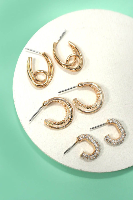 Trio Huggie Hoop Rhinestone Titanium Post Earrings