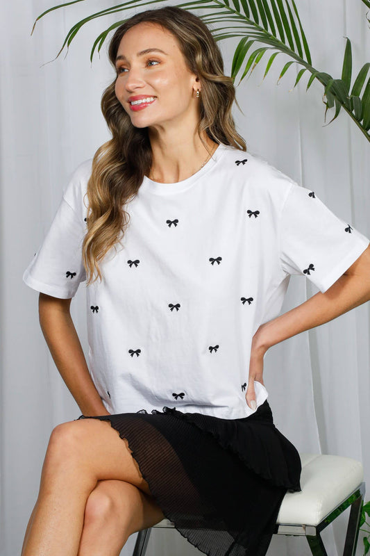 Bow Embroidered 100%Cotton Short-Sleeve Knit Top VT82318