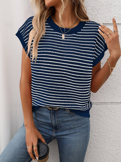 Summer Crew Neck Knit Top Casual Stripe Color Clash Sweater