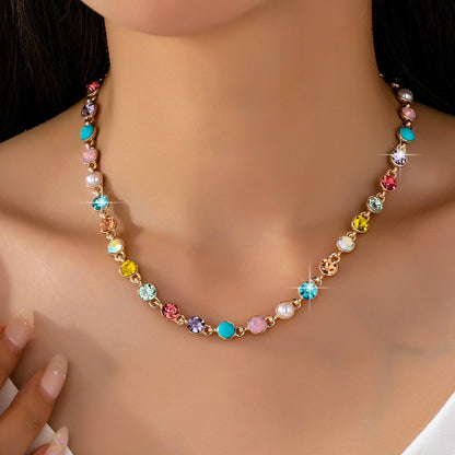 Multi Color Crystal & Pearl Tennis-Style Necklace | 80N93257