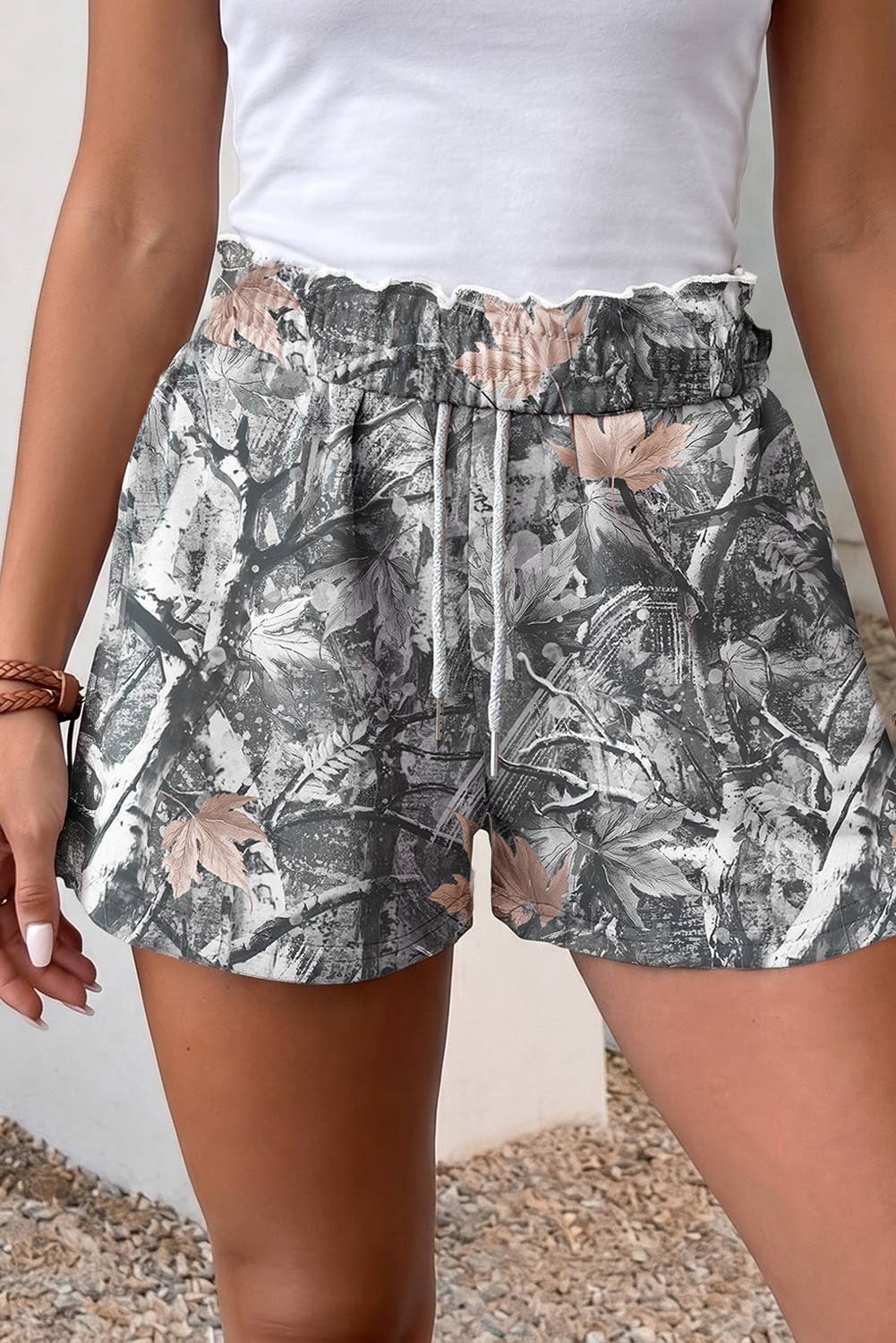 Abstract Maple Leaf Printed Tie Elastic Waist Shorts