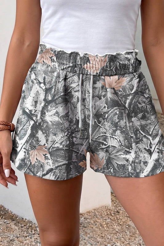Abstract Maple Leaf Printed Tie Elastic Waist Shorts