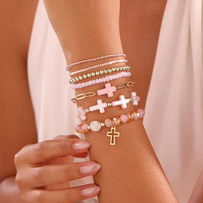 Cross Charm Beaded Bracelet Stack
