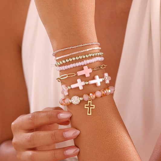 Cross Charm Beaded Bracelet Stack